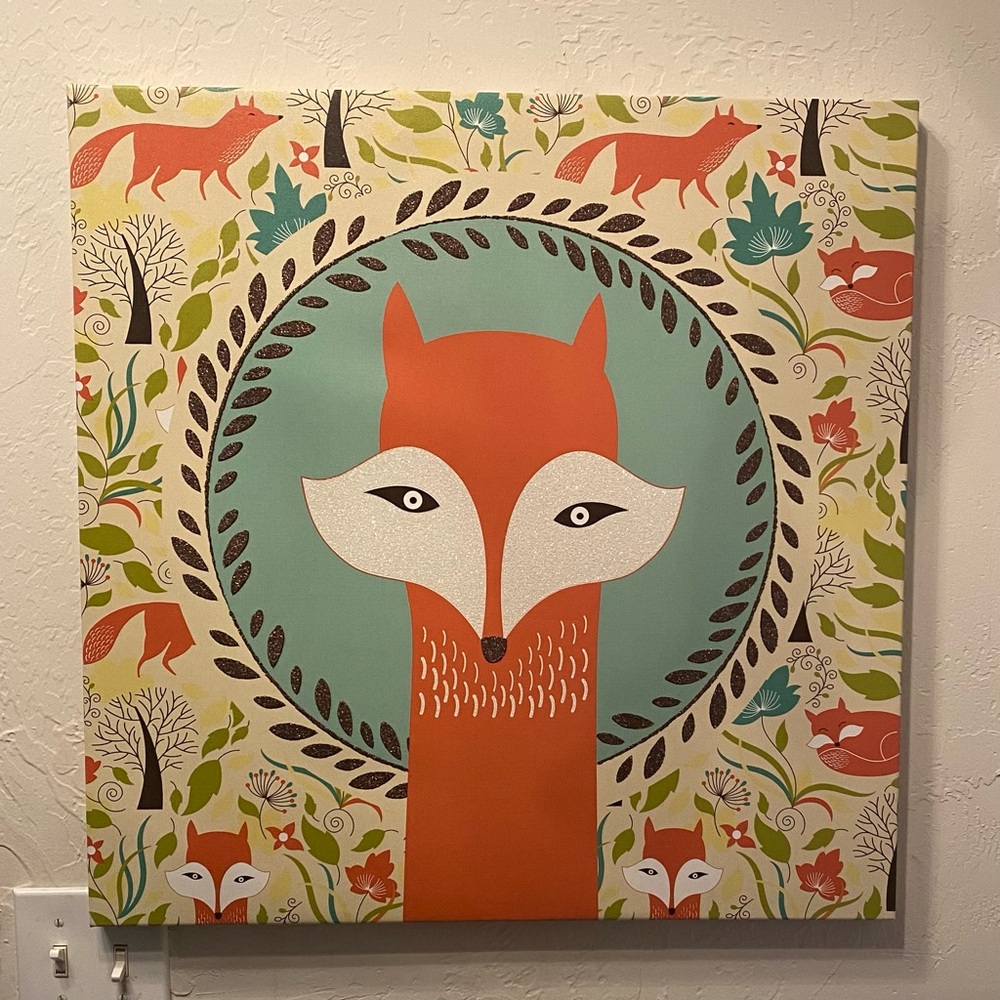 Wall hanging, canvas, woodland fox, large canvas, oranges and turquoise